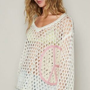 POL Colorful Crochet Knit Peace Sign Vneck
Sweater